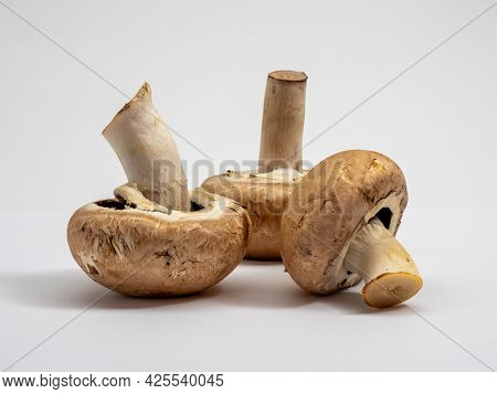 Mushrooms On A White Background. Fresh And Ripe. Isolated Champignon.