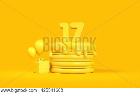 Happy 17th Birthday Celebration Cake With Present And Balloons. 3d Rendering