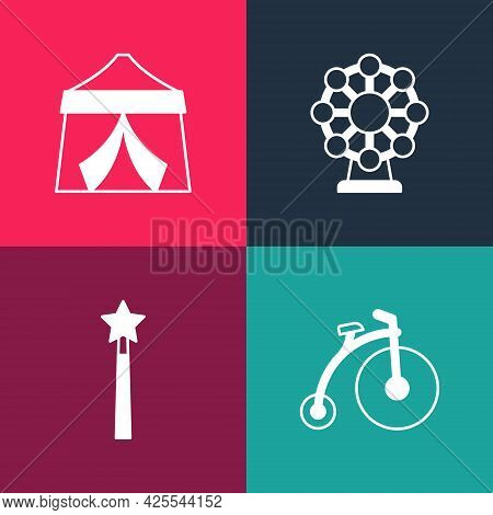 Set Pop Art Vintage Bicycle, Magic Wand, Ferris Wheel And Circus Tent Icon. Vector