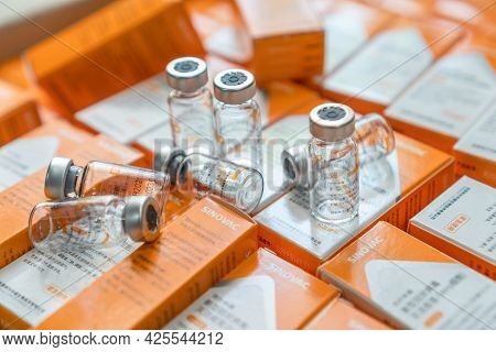 Bangkok, Thailand - 7 July 2021: Sinovac Vaccine, Coronavac Vaccination For Covid-19 Coronavirus Pro