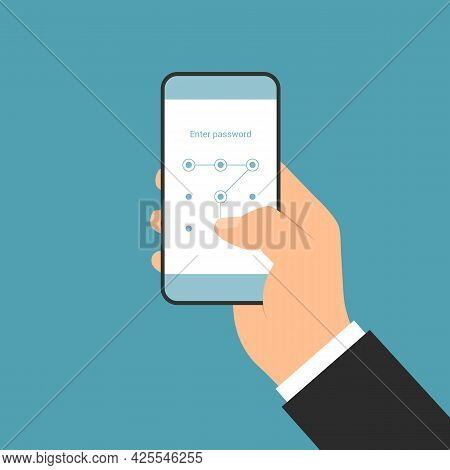 Flat Design Illustration Of A Manager's Hand Holding A Smartphone With A Login Screen And Entering A