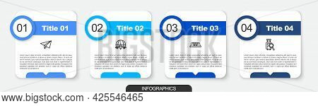 Set Line Paper Airplane, Globe With Flying, Taxi Car Roof And Lost Baggage. Business Infographic Tem