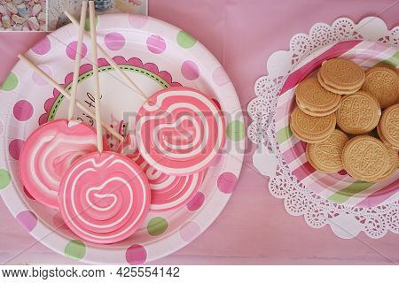 Pink Table Top View With Sweets Candies