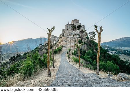 Stone Village Of Petralia Soprana,the Highest Village In Madonie Mountain Range,sicily,italy.church 