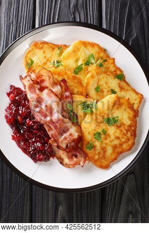 Raggmunk Crispy Swedish Potato Pancake With Lingonberry Jam And Bacon Close-up In A Plate On The Tab