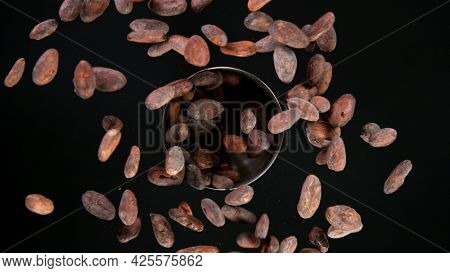Rotating Raw Cocoa Beans on Black Background, Top Shot.