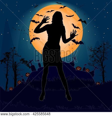 Halloween Night Background With Woman Silhouette, Creepy Castle, Moon, Cemetery Cross, Bats And Pump
