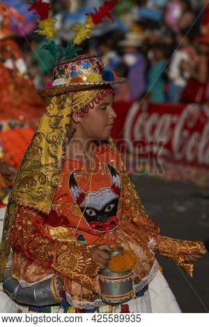 Arica, Chile - January 23, 2016: Members Of A Waca Waca Dance Group In Ornate Costume Performing At 