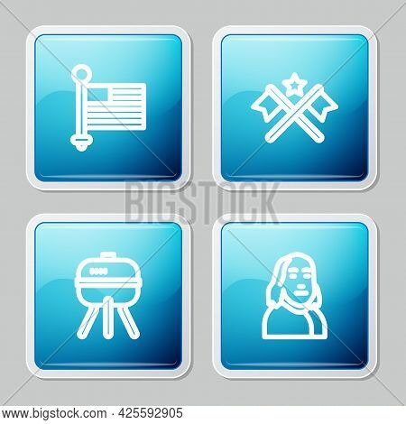 Set Line American Flag, , Barbecue Grill And Benjamin Franklin Icon. Vector