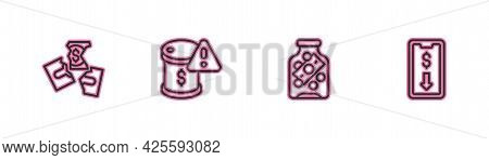 Set Line Tearing Money Banknote, Glass Jar With Coin, Drop Crude Oil Price And Mobile Stock Trading 