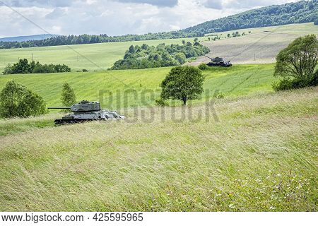 Historic Russian Tanks T34 In The Death Valley, Near Kapisova Village, Slovak Republic. World War Ii