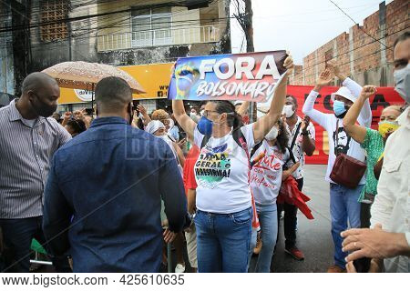 Salvador, Bahia, Brazil - July 2, 2021: Protesters Protest Against President Jair Bolsonaro's Govern