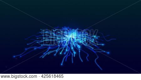 Glowing blue tentacles of electric current moving from central point of light on a black background. electricity, light, colour, energy and movement concept, digitally generated image.