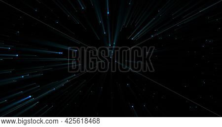 Glowing blue points and beams of light moving on a black background. light, colour, energy and movement concept, digitally generated image.