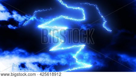 Glowing blue lightning bolts of electrical current moving wildly on dark sky background. energy, electricity, light and movement concept, digitally generated image.