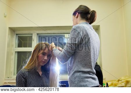 Kirov, Russia - November 09, 2019: Backstage Scene How Professional Make-up Artist Doing Glamour Mod