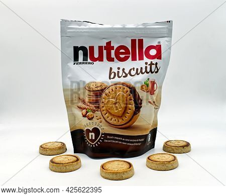 Bologna - Italy - June 22, 2021: Nutella Ferrero Biscuits With Hazelnut Chocolate. Nutella Is A Famo