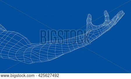 Hand Hold Some Tiny Or Thin Object. Vector Rendering Of 3d. Wire-frame Style. Hand Hold Somethin