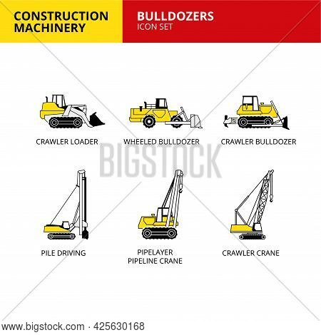 Bulldozer Vehicle And Transport Construction Machinery Icons Set