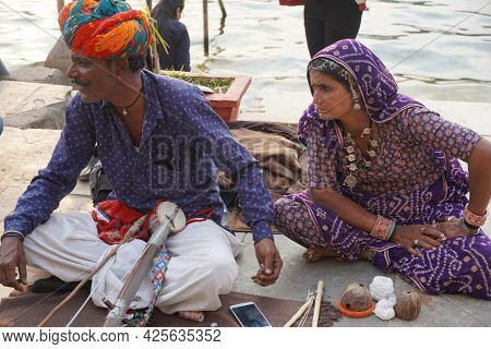 Rajasthan Famous Sarangi Musical Instrument Being Played At Street Near Gangor Ghat Pichola Lake. Tr