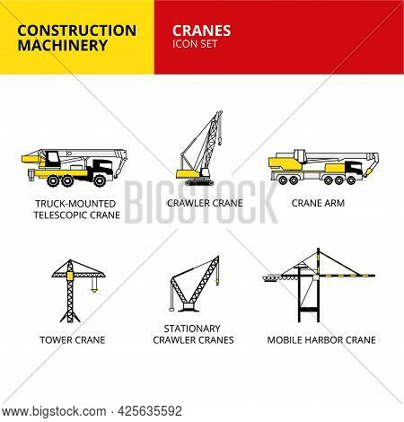 Cranes Vehicle And Transport Construction Machinery Icons Set Vector