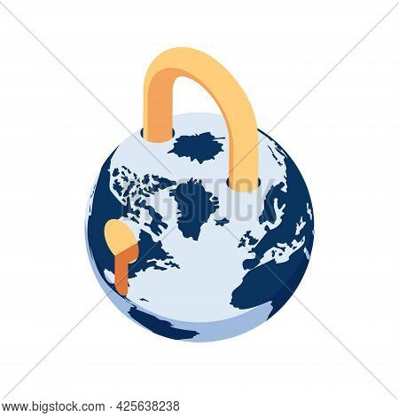 Flat 3d Isometric World With Lock And Keyhole. Wolrd Lockdown During Covid-19 Pandemic Concept.