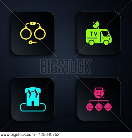 Set Mafia, Handcuffs, Arson Home And Tv News Car. Black Square Button. Vector