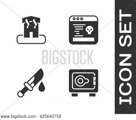 Set Safe, Arson Home, Bloody Knife And System Bug Icon. Vector