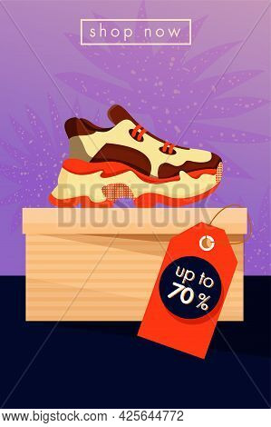 Sale Vector Poster. Sneakers Shoes On The Box. Sport Shop Footwear Collection. Illustration For A Sh