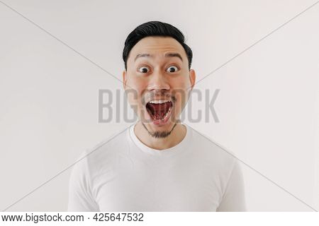 Funny Shocked And Surprised Face Of Asian Man Isolated On White Background.