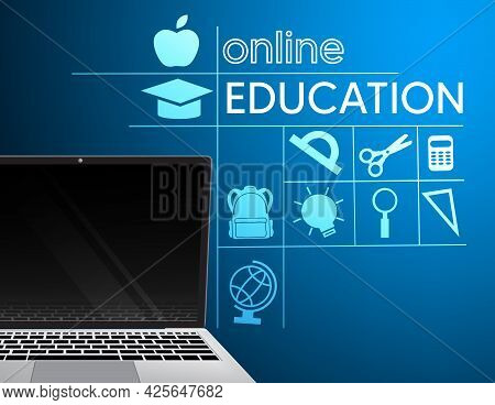 Online Education Vector Banner Design. Online Education Text With Elearning Laptop Device And School