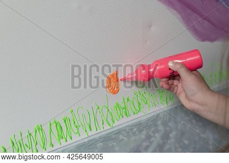 Kid Drawing Colorful Line Art With Paints