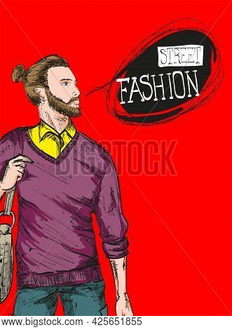 Fashion man. Sketch of fashion man on a red background. Spring man. Street style
