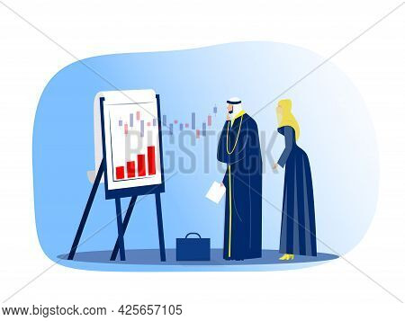 Muslim Businessman Looking Financial Graph On Flip Chart Stock Market Concept Modern Office Interior