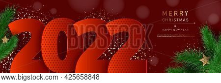 Glamorous Christmas banner with fir branches. Merry christmas and happy new year banner 2022. Christmas background. Merry Christmas card with gold snowflakes vector Illustration. Merry Christmas card vector Illustration.Christmas. Christmas Vector. Chr