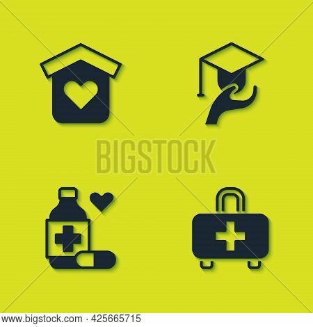 Set Shelter For Homeless, First Aid Kit, Medicine Bottle And Pills And Education Grant Icon. Vector