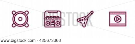 Set Line Stereo Speaker, Electric Bass Guitar, Home Stereo With Speakers And Online Play Video Icon.
