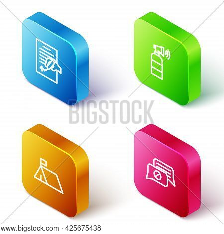 Set Isometric Line Petition, Air Horn, Protest Camp And Speech Bubble Chat Icon. Vector