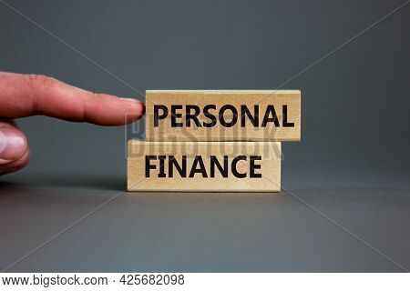 Personal Finance Symbol. Wooden Blocks With Words Personal Finance On Beautiful Grey Background, Cop