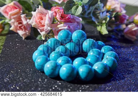Beautiful Blue Beads. The Concept Of A Beautiful, Elegant Life And Beautiful Decoration For Woman