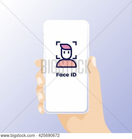 Facial Recognition Concept. Face Id, Face Recognition System. Hand Holding Smartphone With Human Hea