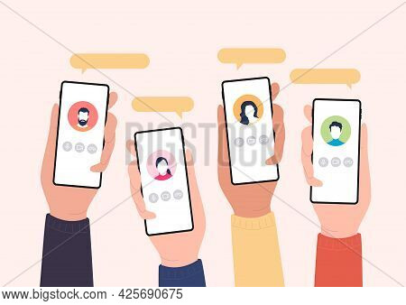 Conference Video Call, Video Call To A Friend, Study Online, Business Meeting. Hands Holding Mobile 