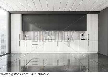 Half Wooden Panoramic Kitchen And Ceiling. Dark Grey Upper Elements And Right Wall. Vinyl Splashback