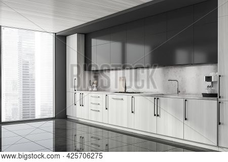 Half Wooden Modular Kitchen Cabinet And Panoramic View At The Corner. Dark Upper Part And Handles, V
