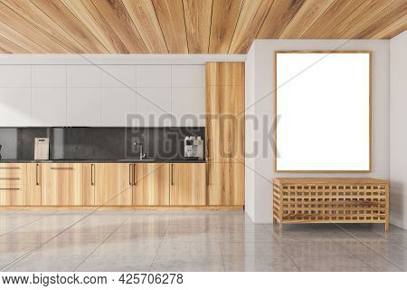 Wide Mockup Banner With Wooden Cabinets, Side Table And Ceiling. Half White Interior With Tiling In 
