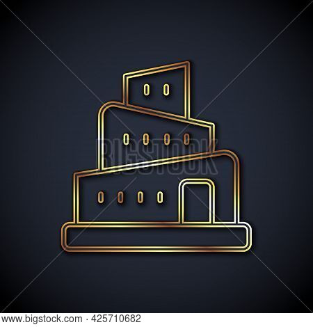 Gold Line Babel Tower Bible Story Icon Isolated On Black Background. Vector