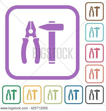 Hammer And Combined Pliers Simple Icons In Color Rounded Square Frames On White Background