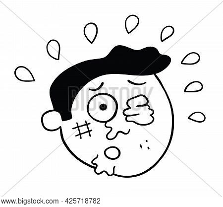 Cartoon Beaten Man Head, Vector Illustration. Black Outlined And White Colored.