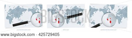 Blue Abstract World Maps With Magnifying Glass On Map Of Peru With The National Flag Of Peru. Three 