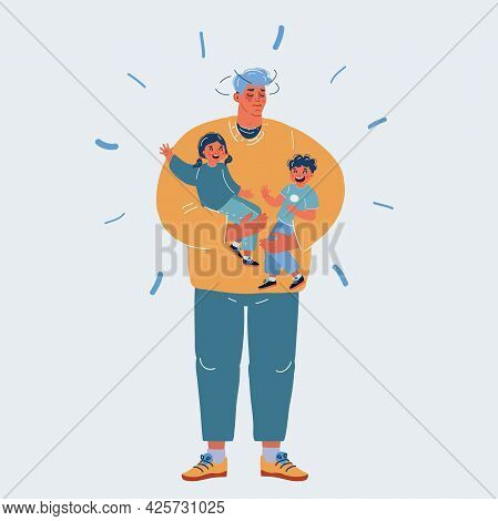 Vector Illustration Of Tired Father Carrying A Crying Children. Two Kids. Son And Daughter. Man Hold